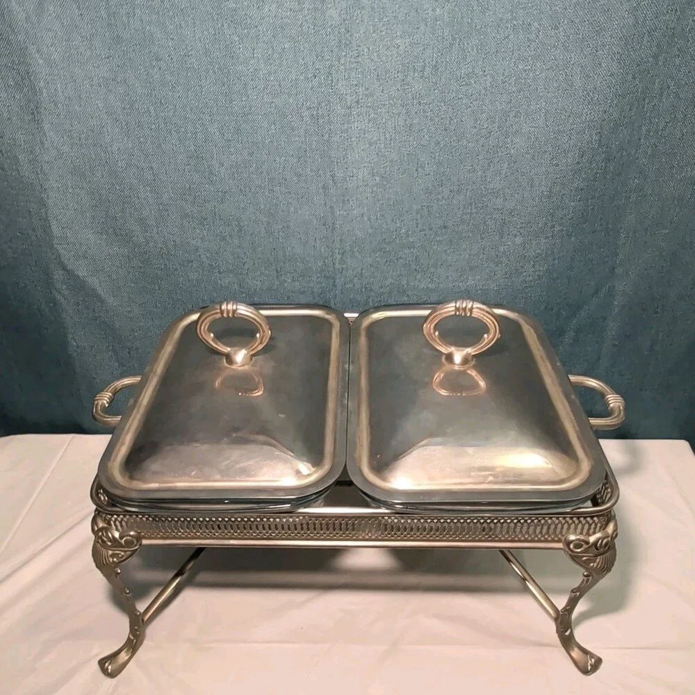 Silver Plated Double Chafer 8 Qt Buffet Server 2 Marinex Glass Pans Lion Feet
